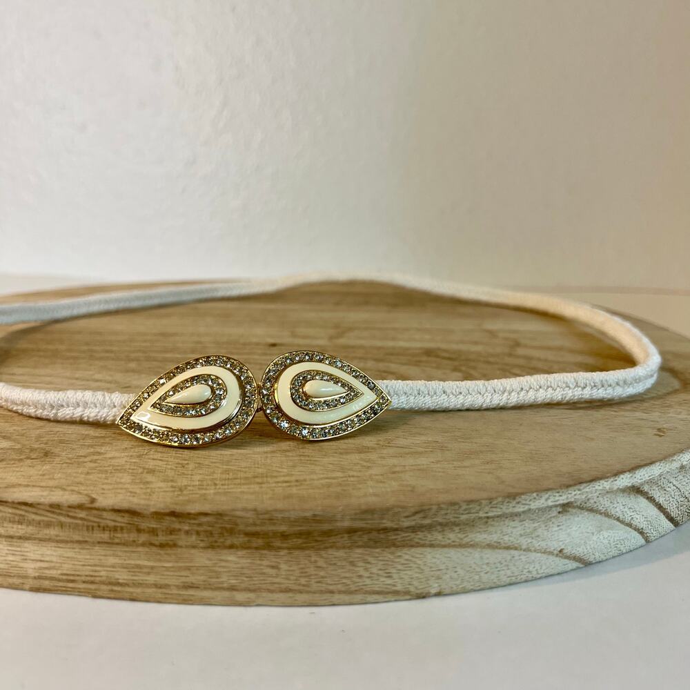 Vintage 1970s White Elastic Band Oval Crystal Stone Hook Buckle Belt Size S/M
